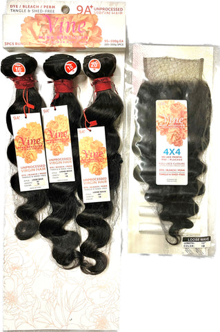 Vine 9A Mink Brazilian Multipack Loose Wave with 4x4 Lace Closure